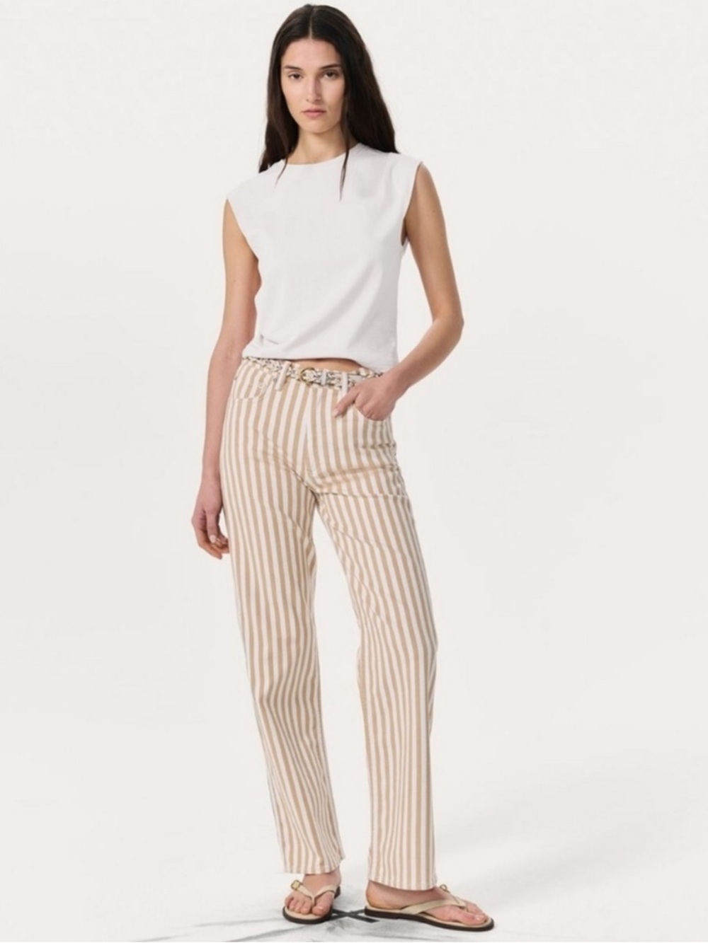 Rag & Bone Tan & Off White Striped High Rise Relaxed Straight Leg NWT Size 23